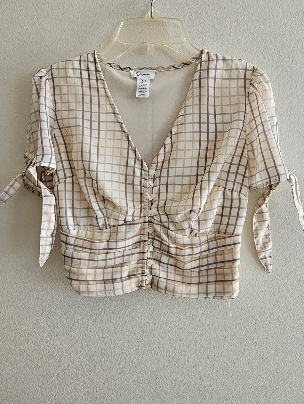 Japna XS Grid Check Button-Front Tie Sleeve Crop Top  Smocked Waist